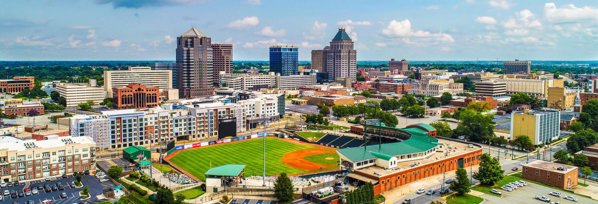 Aerial of Downtown Greensboro North Carolina NC Skyline